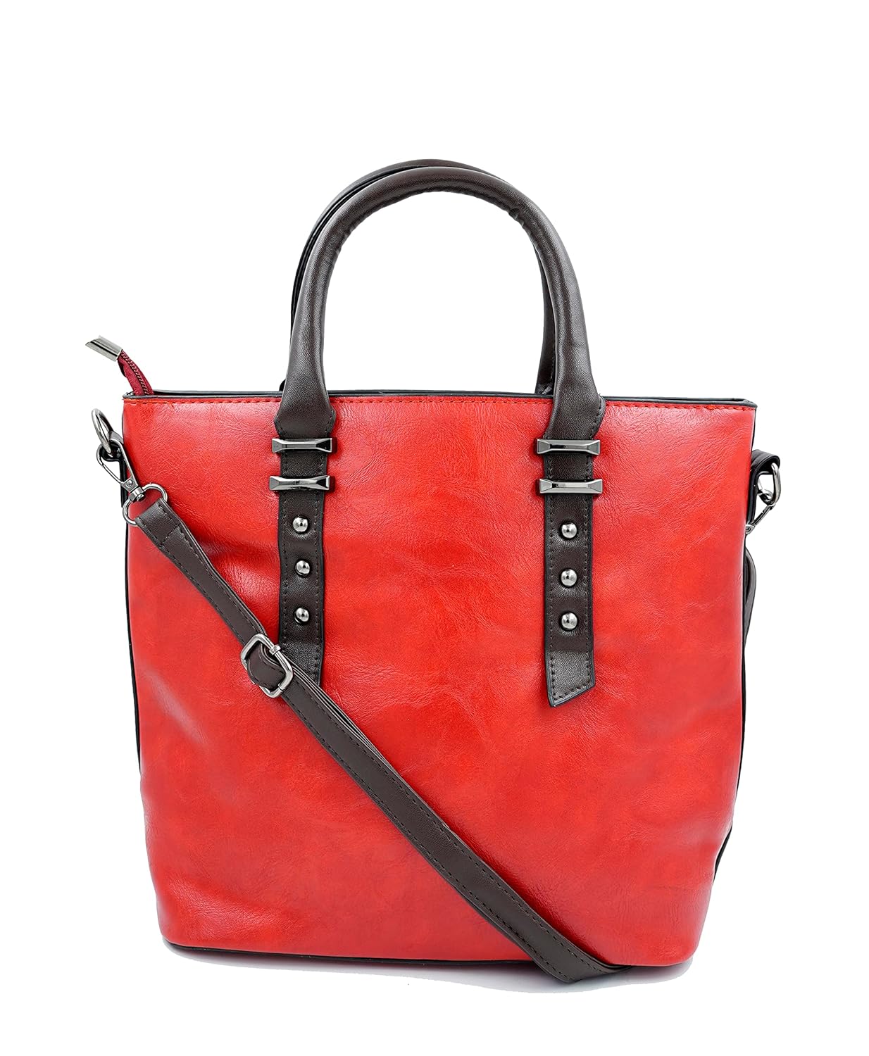 Bold Red Leather Handbag with Studded Straps