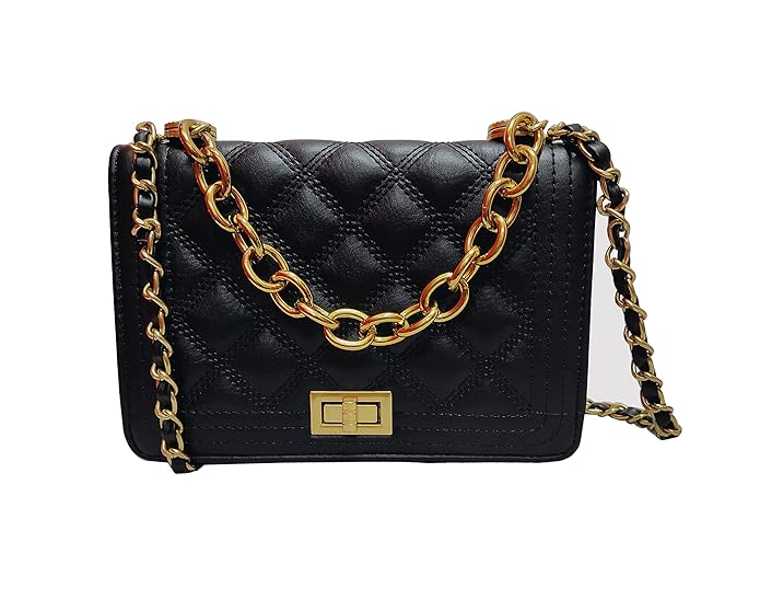 Elegant Quilted Black Handbag with Gold Chain Strap