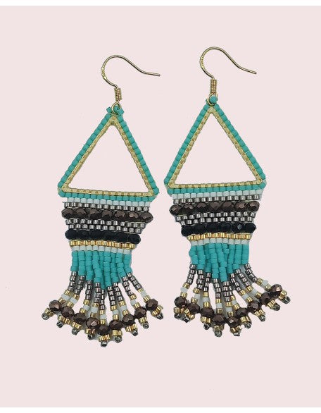 Handcrafted Turquoise Blue Beaded Triangle-Earrings