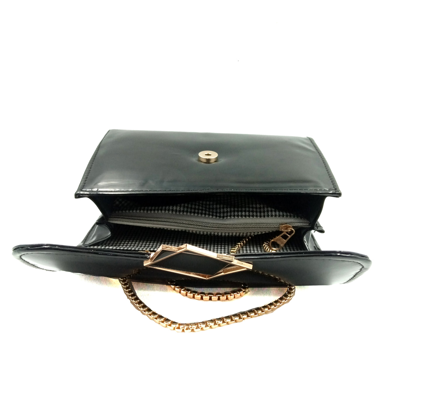 Sling Bag in Patent Black PU with Golden metal chain strap