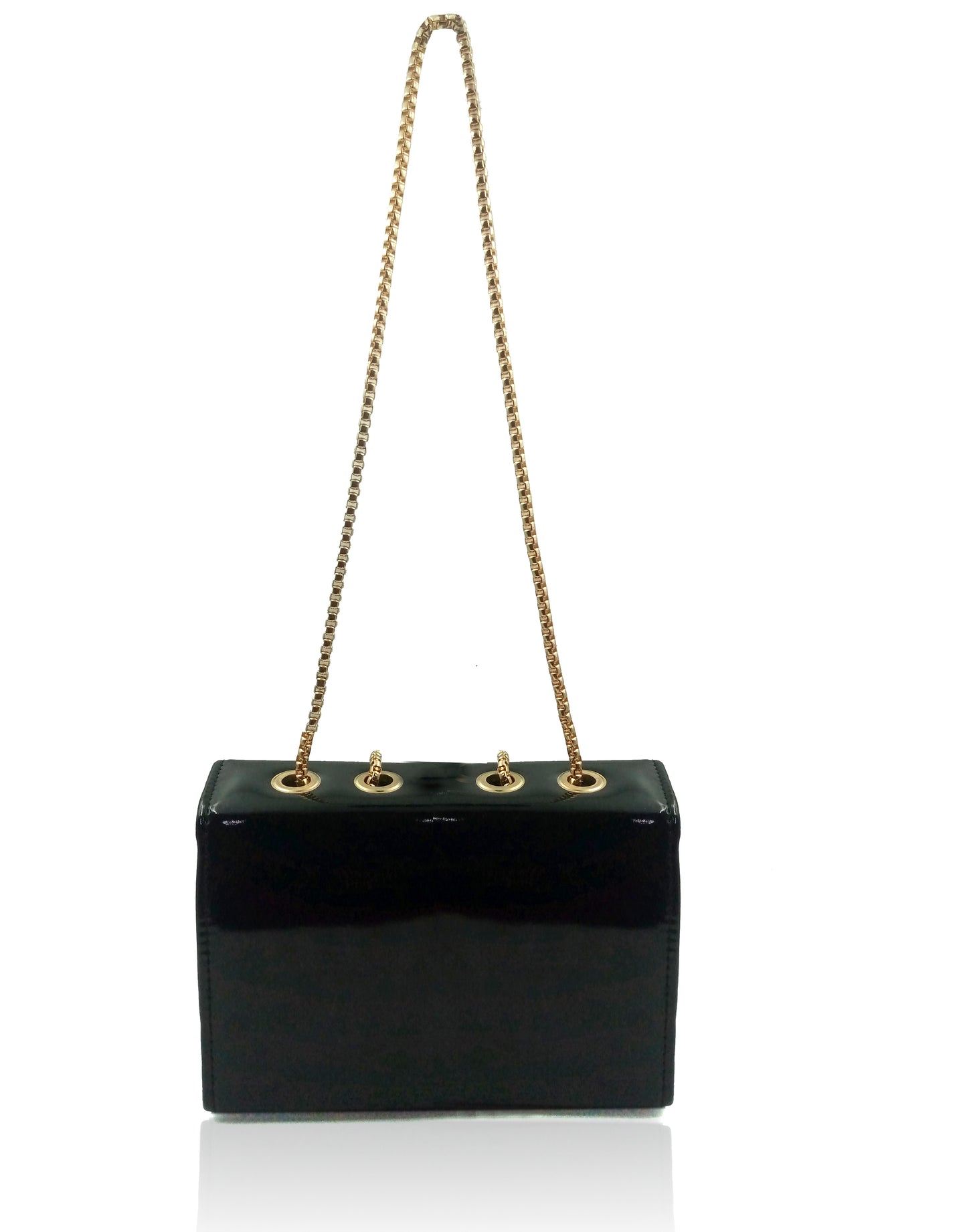 Sling Bag in Patent Black PU with Golden metal chain strap