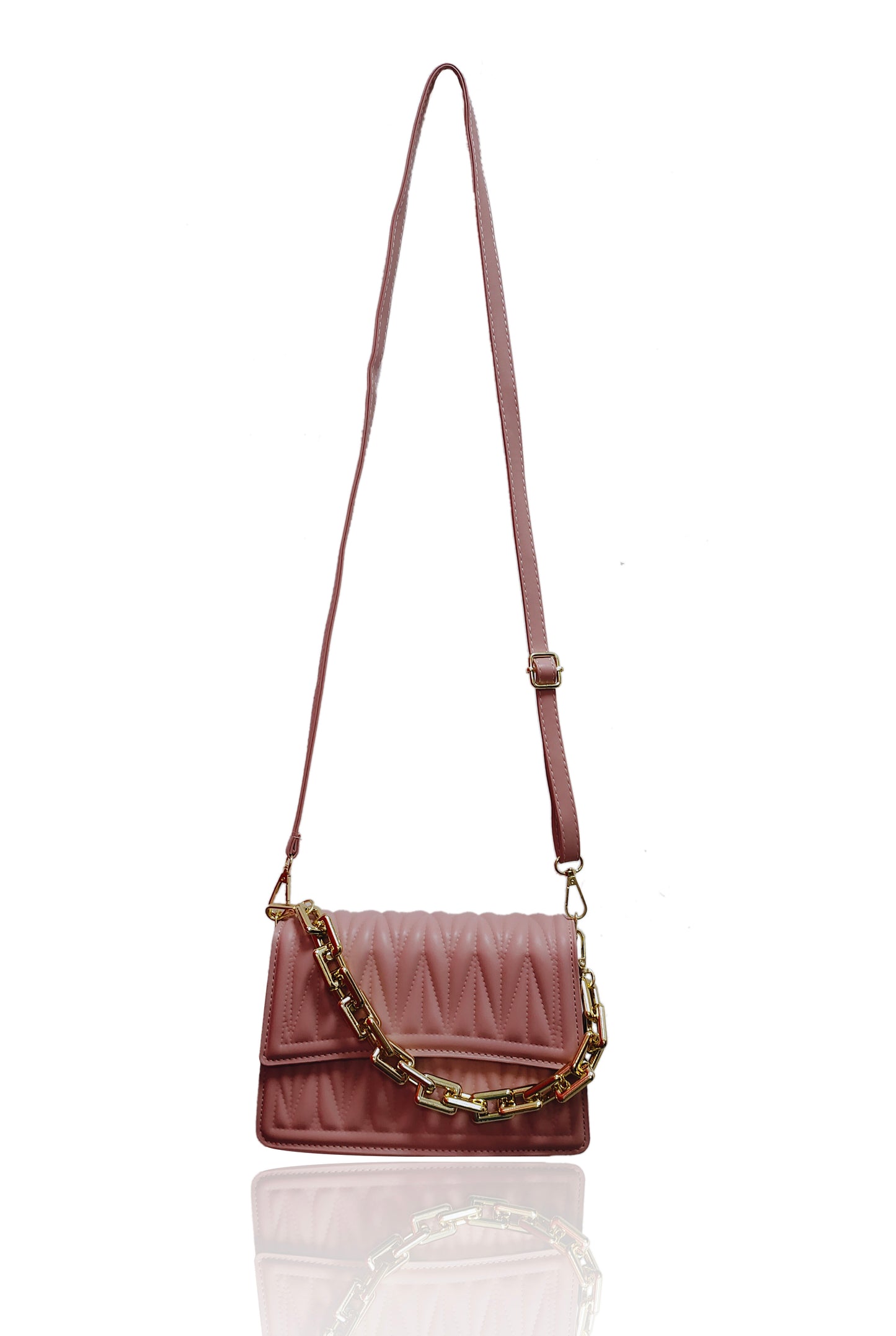 Chic Quilted Peach crossbody cum handbag with Gold Chain