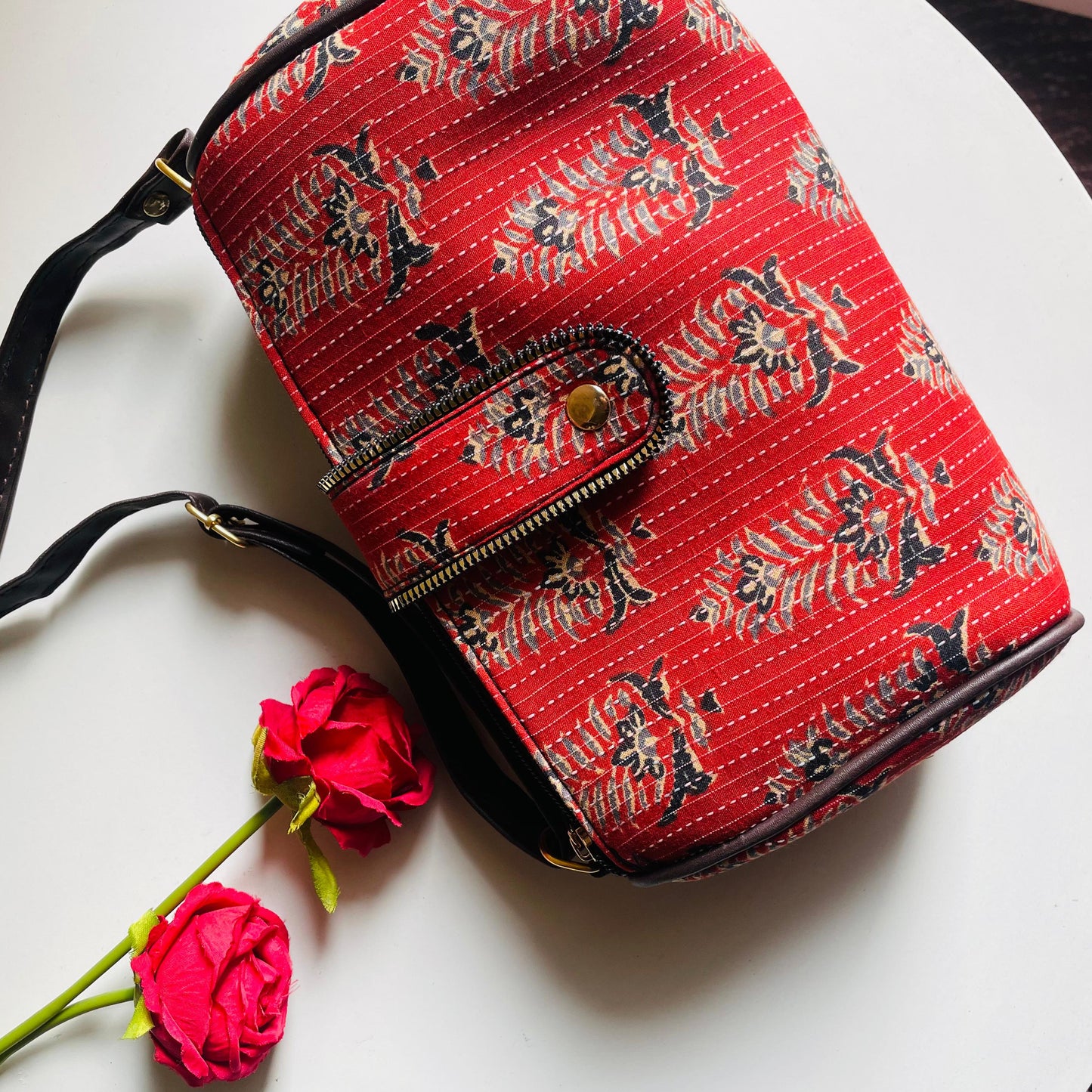 Regal Red Crossbody Bag with Traditional Floral Print