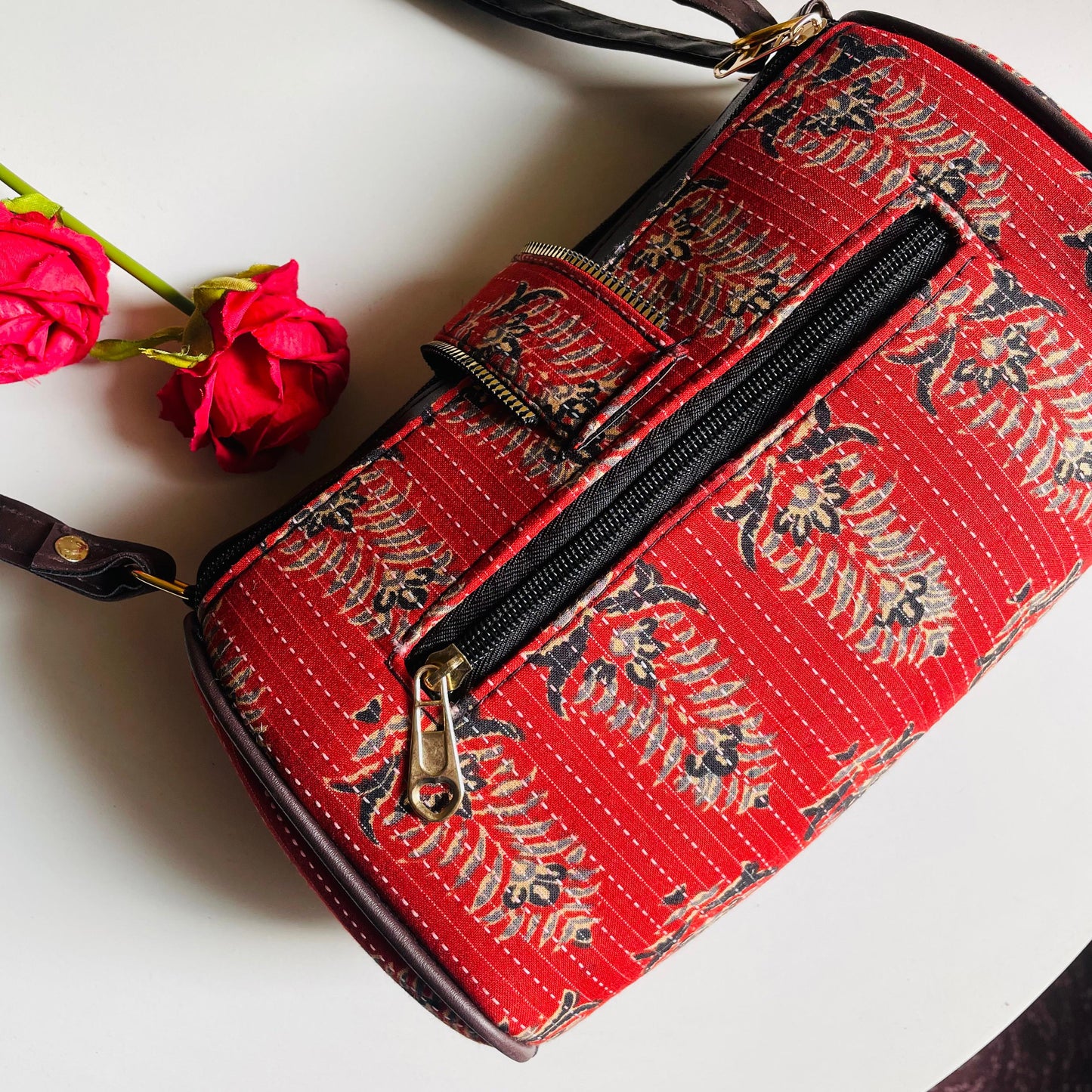 Regal Red Crossbody Bag with Traditional Floral Print