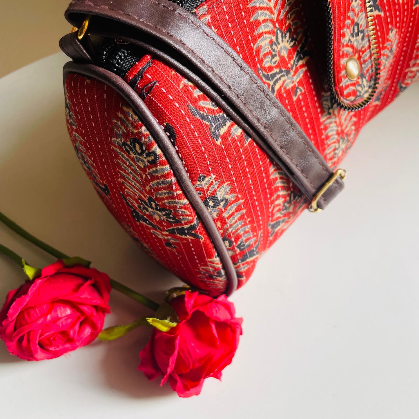 Regal Red Crossbody Bag with Traditional Floral Print