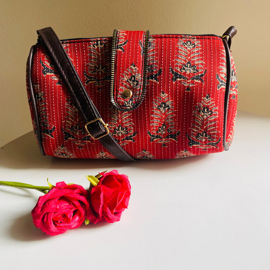 Regal Red Crossbody Bag with Traditional Floral Print