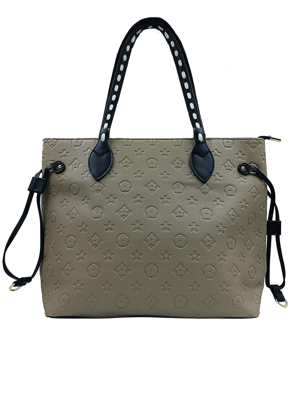 Faux leather tote bag with contrast black color weave pattern handles