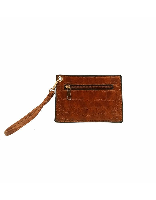 Faux Leather Crocodile embossed square Pouch in Tan color