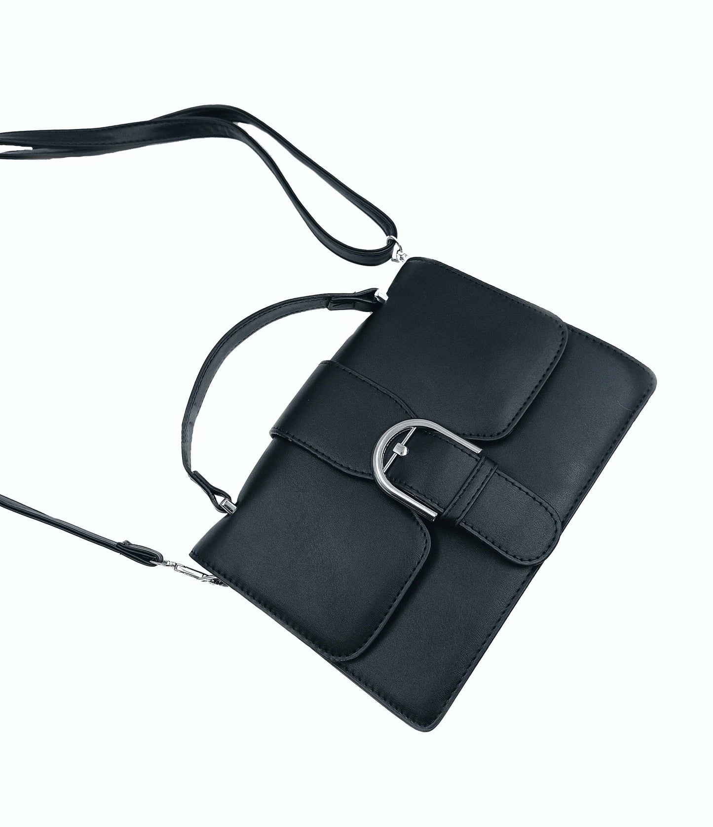 Elegant Black Leather Crossbody Bag with Buckle Accent