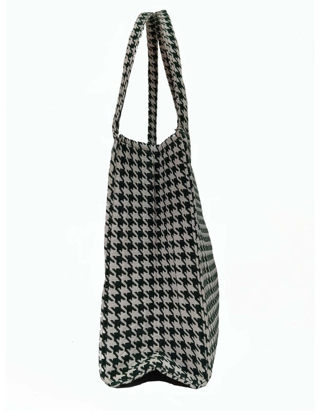 Tote Bag in White Jacquard fabric with Houndstooth Pattern in Bottle Green with zip closure