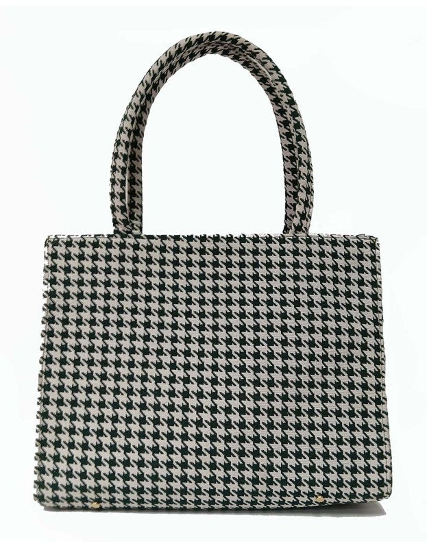 Tote Bag in White Jacquard fabric with Houndstooth Pattern in Bottle Green with zip closure