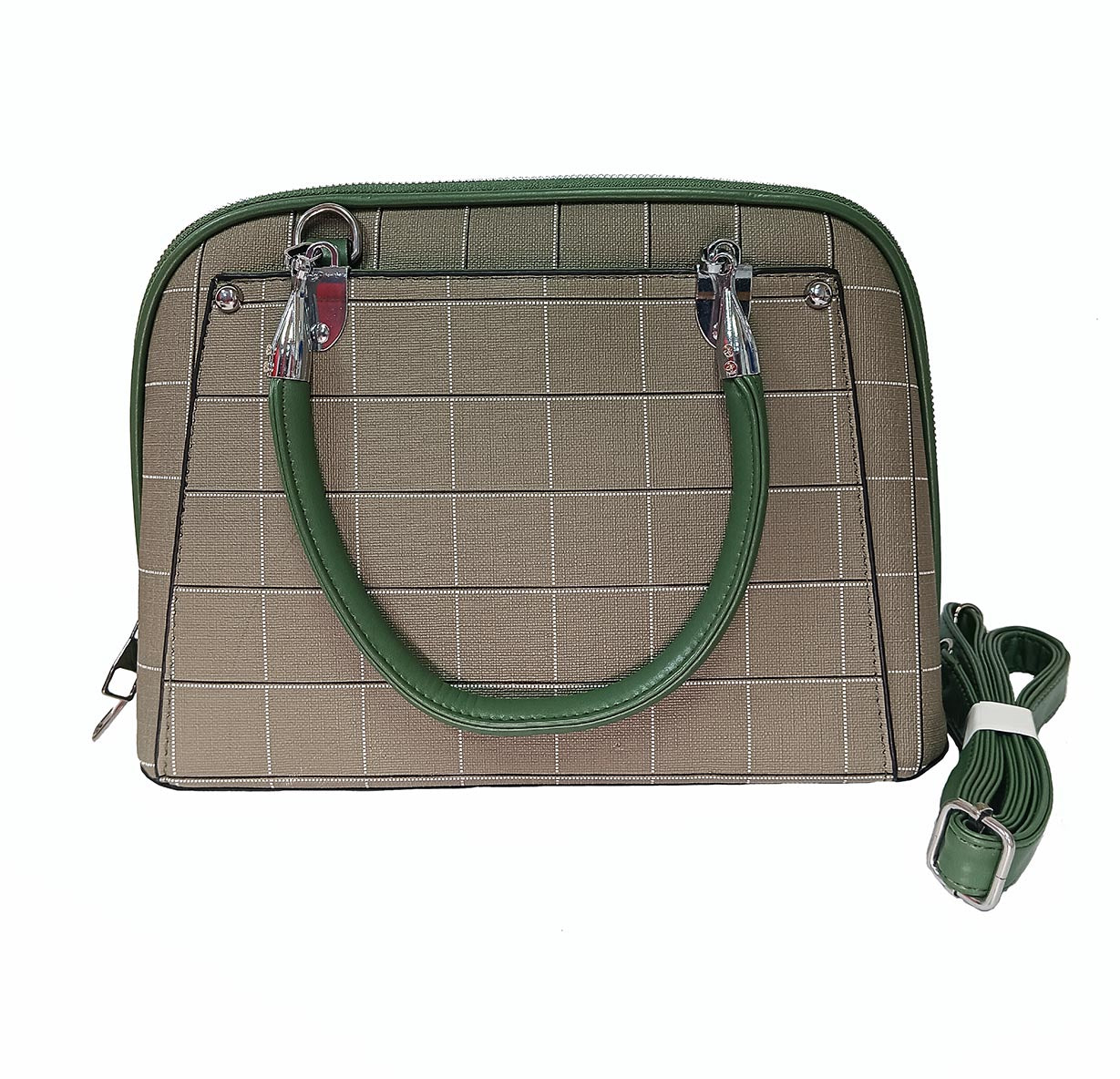 Chic Olive Green Plaid Handbag with Dual Zipper and Detachable Strap