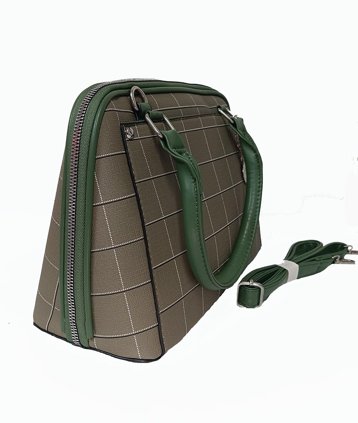 Chic Olive Green Plaid Handbag with Dual Zipper and Detachable Strap