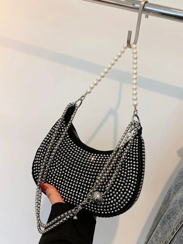 Black color rhinestone studded evening Bag with pearl beaded handle & chain strap