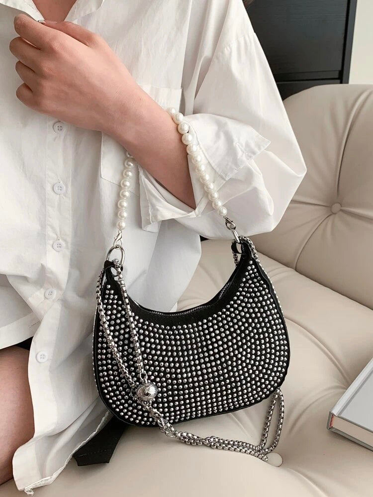 Black color rhinestone studded evening Bag with pearl beaded handle & chain strap