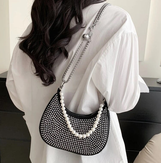 Black color rhinestone studded evening Bag with pearl beaded handle & chain strap