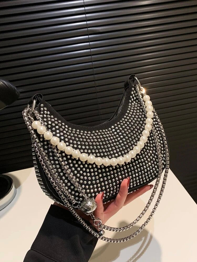 Black color rhinestone studded evening Bag with pearl beaded handle & chain strap