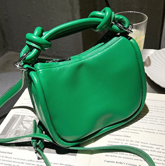 Green Color Minimalist Satchel cum sling Bag with knotted handle