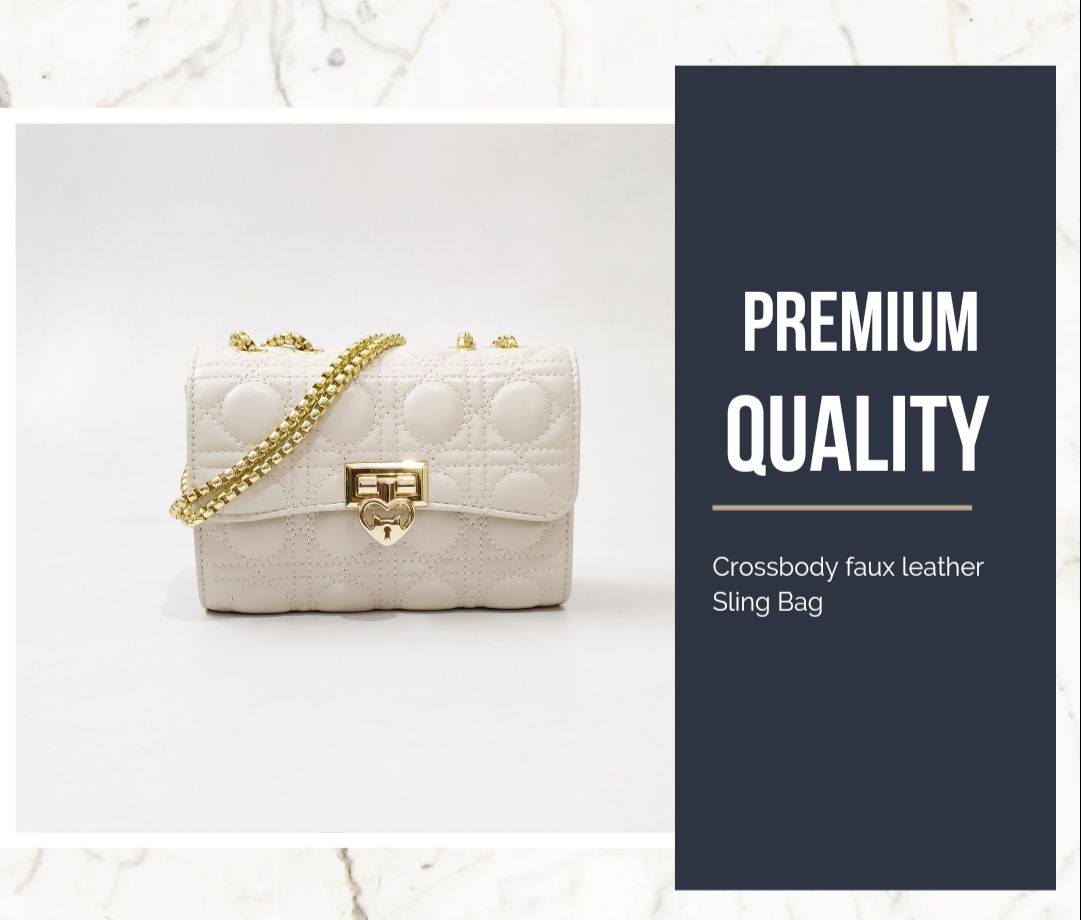 Quilted Offwhite Sling bag with Golden Heart shape metal accent