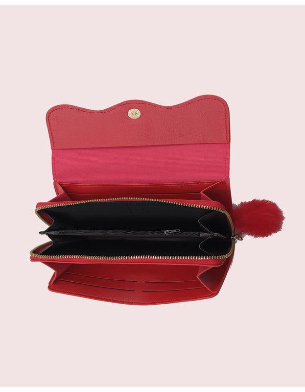 Chic Red Clutch Wallet with White Embroidery and Fur Pom Pom