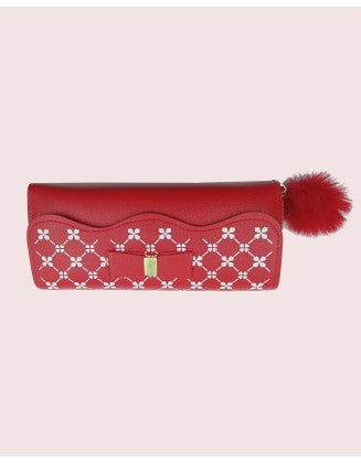 Chic Red Clutch Wallet with White Embroidery and Fur Pom Pom