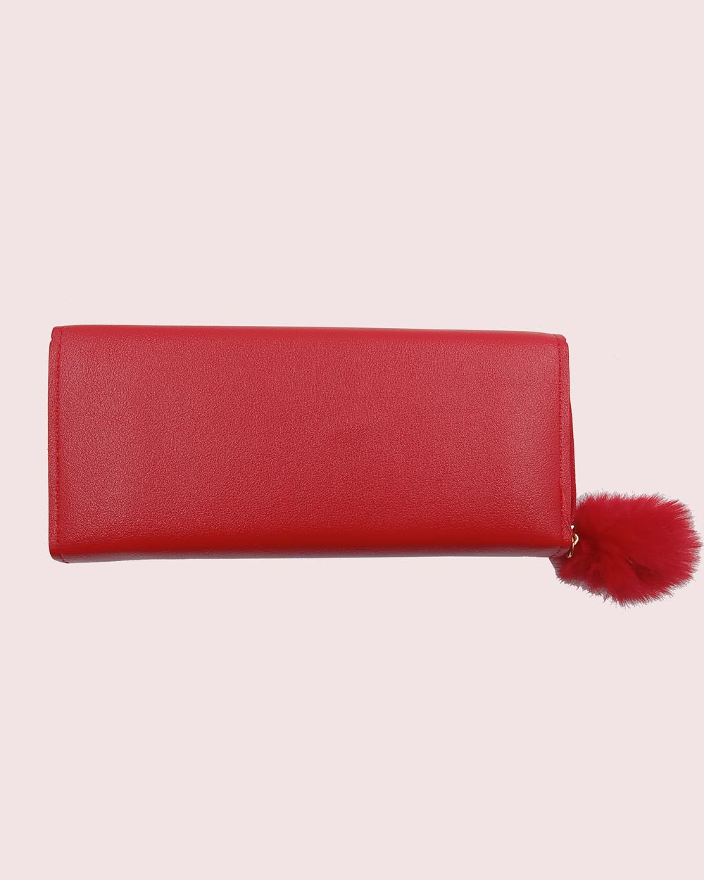 Chic Red Clutch Wallet with White Embroidery and Fur Pom Pom