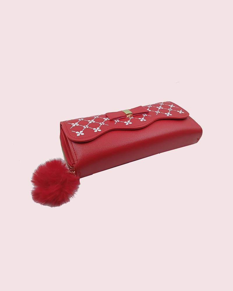 Chic Red Clutch Wallet with White Embroidery and Fur Pom Pom