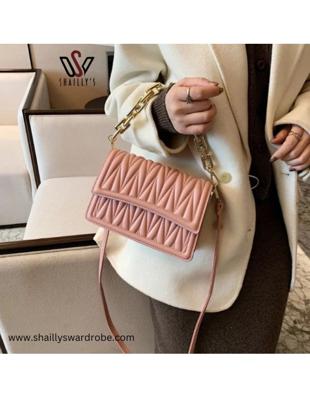 Chic Quilted Peach crossbody cum handbag with Gold Chain