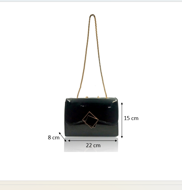 Sling Bag in Patent Black PU with Golden metal chain strap