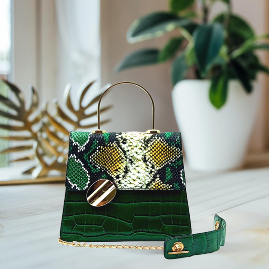 Luxurious Green Python and Croco debossed Faux Leather Handbag