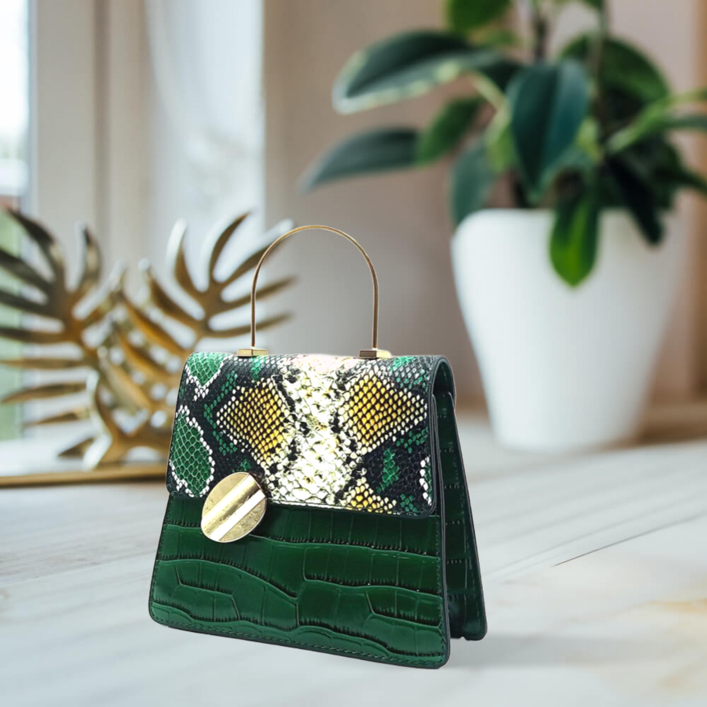 Luxurious Green Python and Croco debossed Faux Leather Handbag