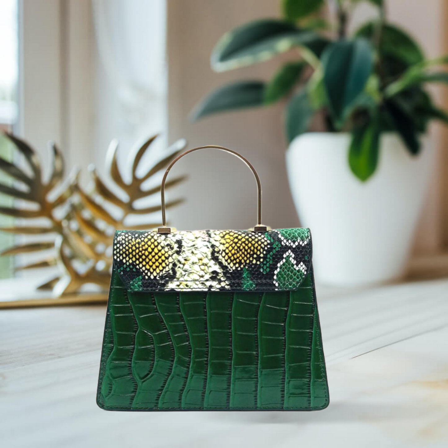 Luxurious Green Python and Croco debossed Faux Leather Handbag