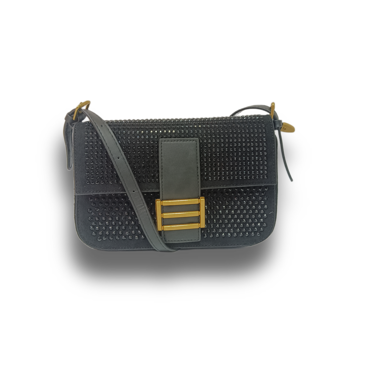 Chic Black Studded Crossbody Bag with Brass Gold Buckle Accent