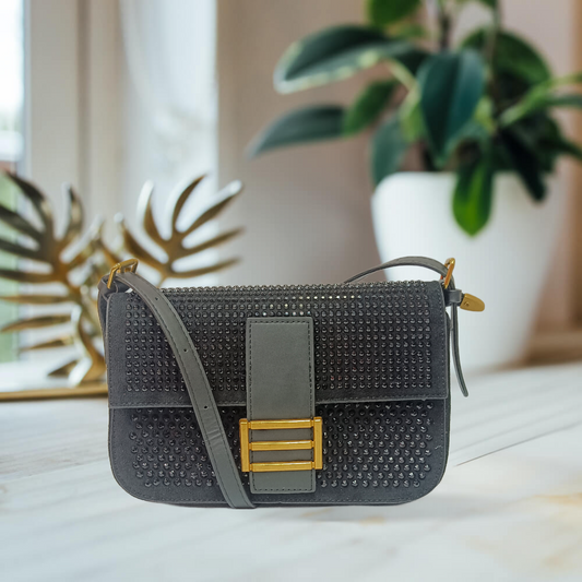 Chic Black Studded Crossbody Bag with Brass Gold Buckle Accent