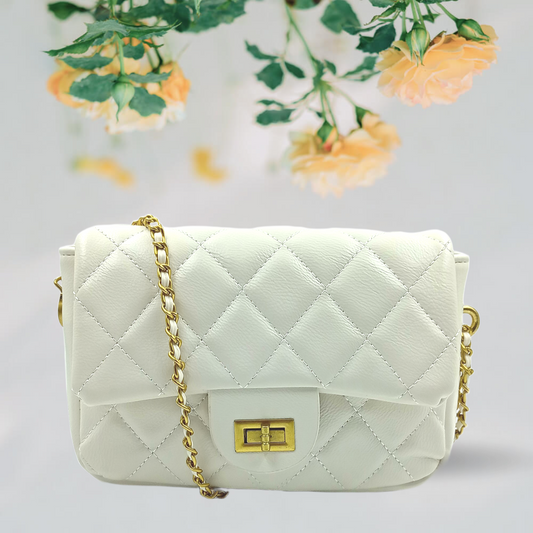 Quilted White Bag with golden metal chain strap