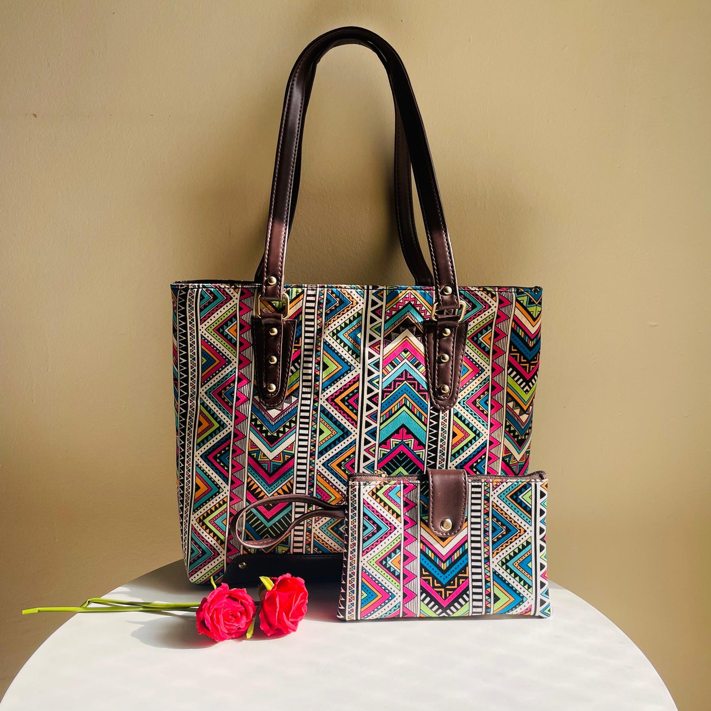 Vibrant Tribal-Print Tote Bag with Matching Pouch