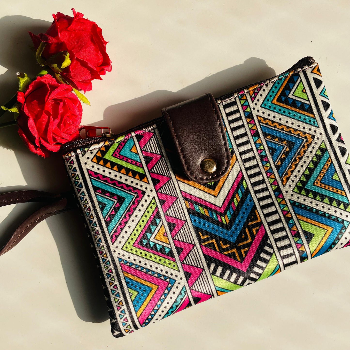 Vibrant Tribal-Print Tote Bag with Matching Pouch