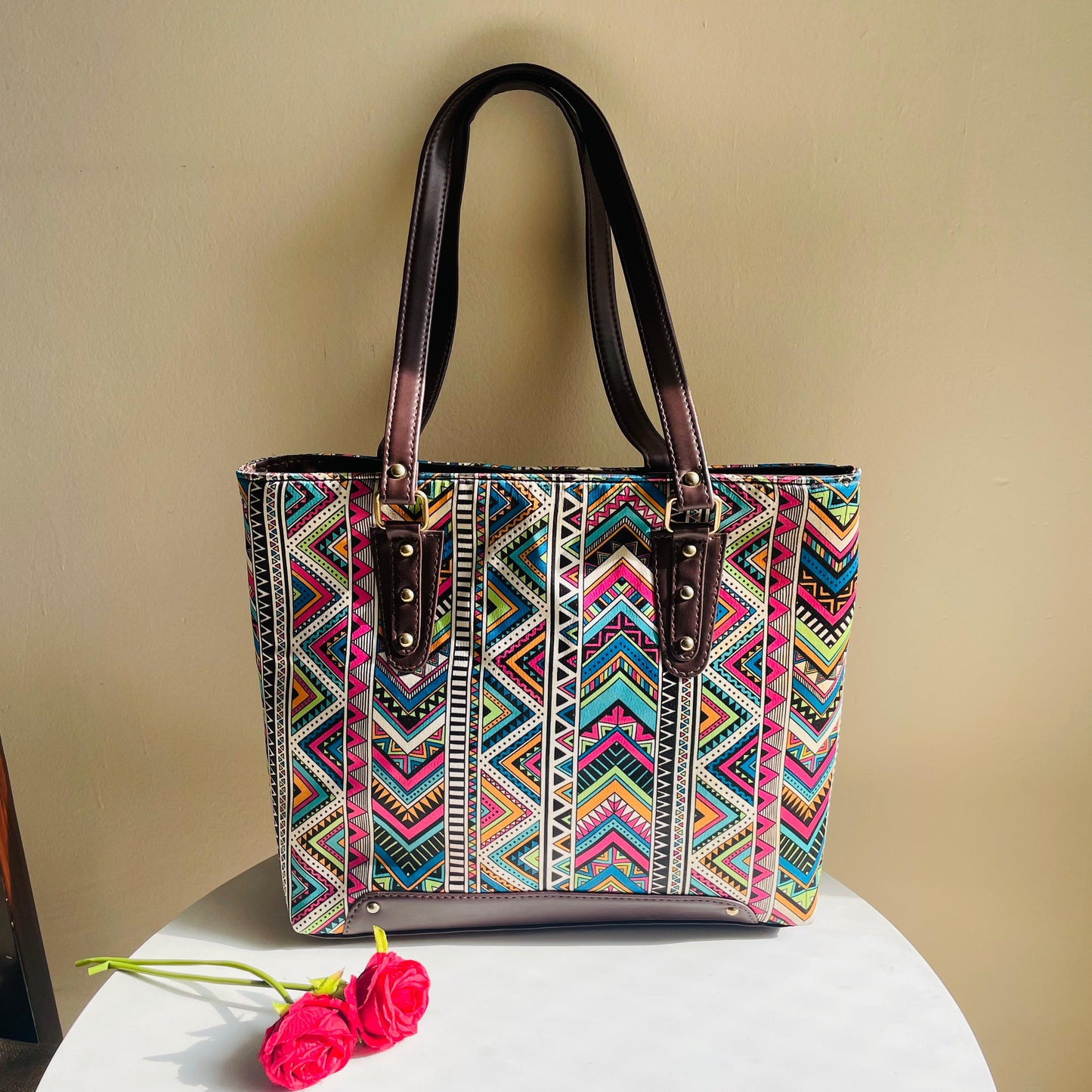 Vibrant Tribal-Print Tote Bag with Matching Pouch