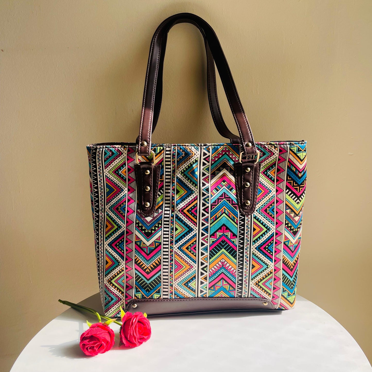 Vibrant Tribal-Print Tote Bag with Matching Pouch