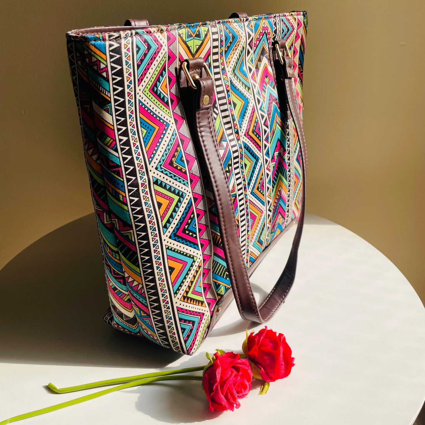 Vibrant Tribal-Print Tote Bag with Matching Pouch