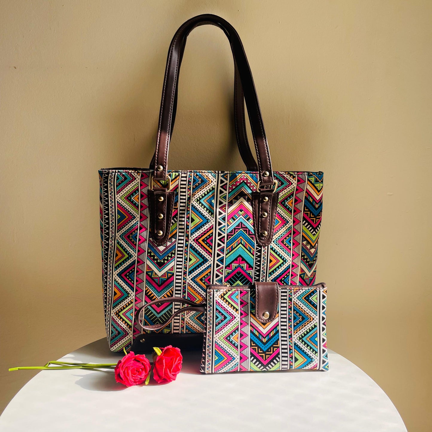 Vibrant Tribal-Print Tote Bag with Matching Pouch