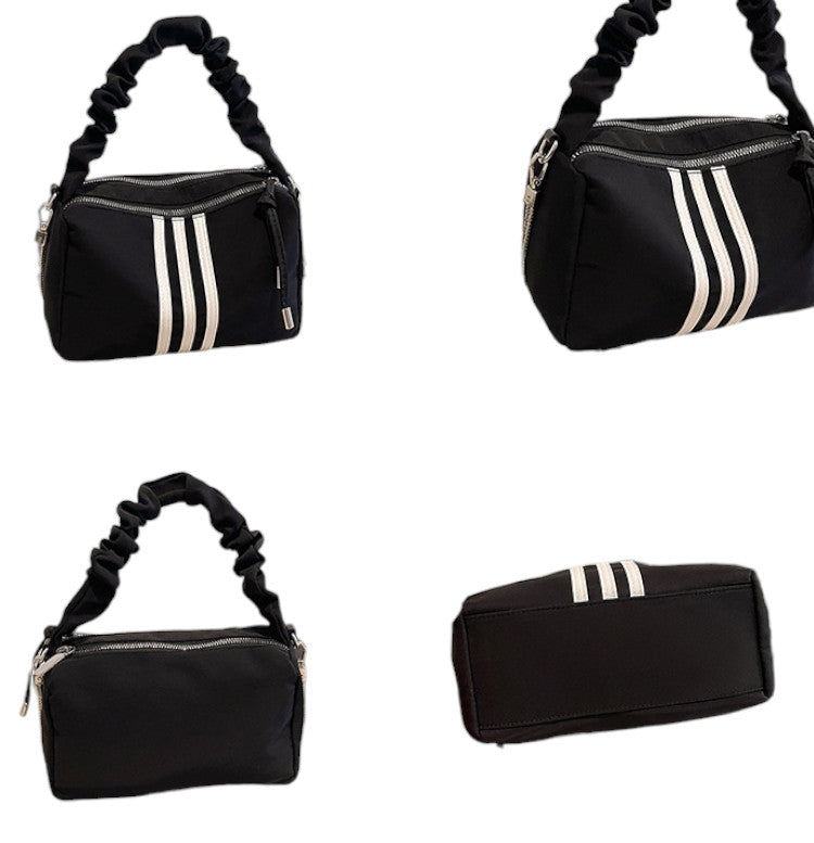 Sporty Black Shoulder Bag with White Stripes