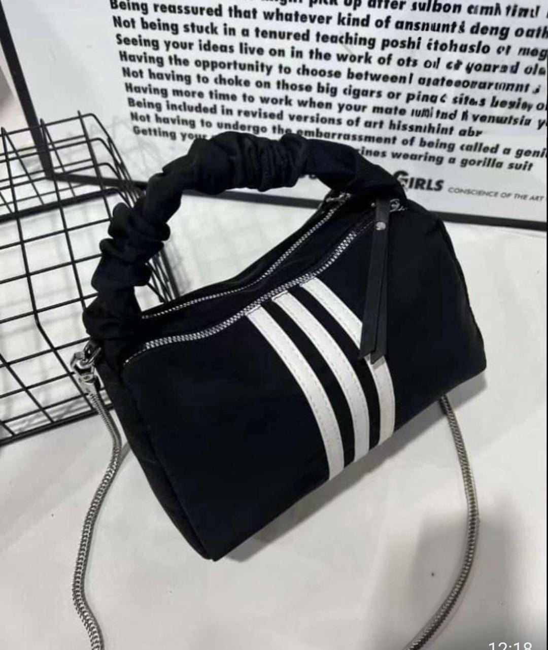 Sporty Black Shoulder Bag with White Stripes