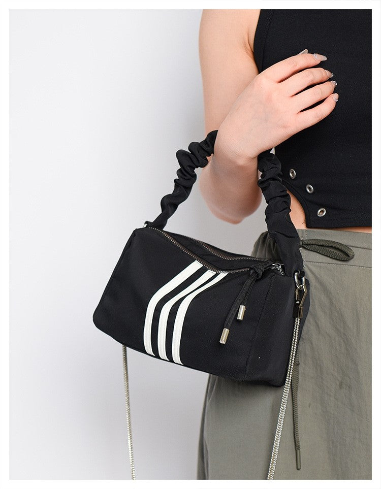 Sporty Black Shoulder Bag with White Stripes