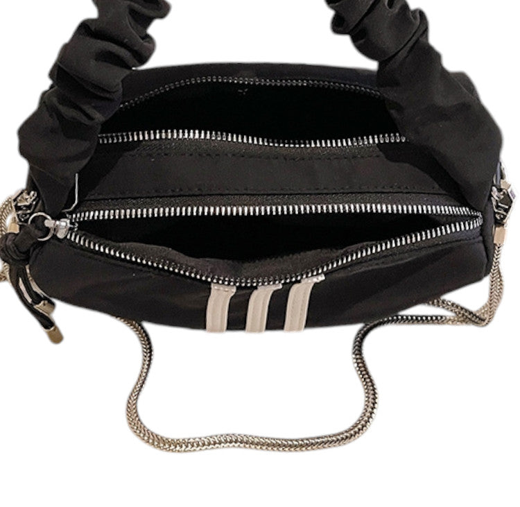 Sporty Black Shoulder Bag with White Stripes