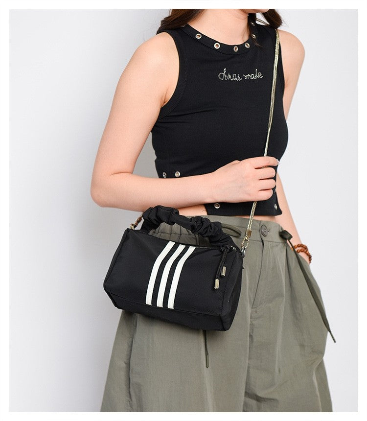 Sporty Black Shoulder Bag with White Stripes