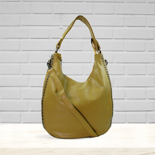 Chic Mustard Hobo Bag with Eyelet Trim and Adjustable Strap