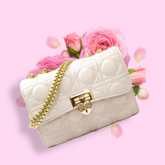 Quilted Offwhite Sling bag with Golden Heart shape metal accent