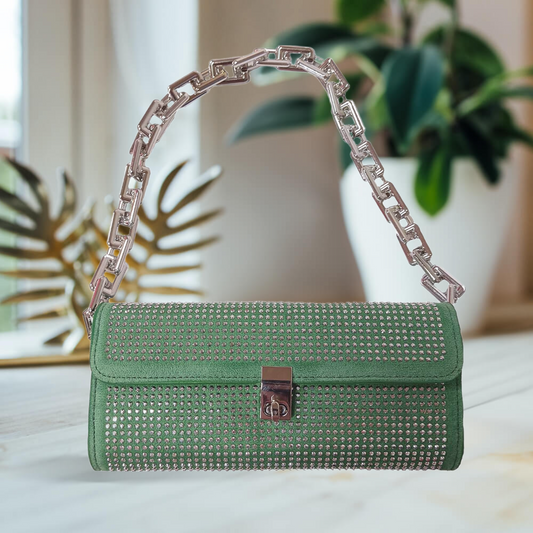 Studded Handbag cum clutch with Silver Chain Accent