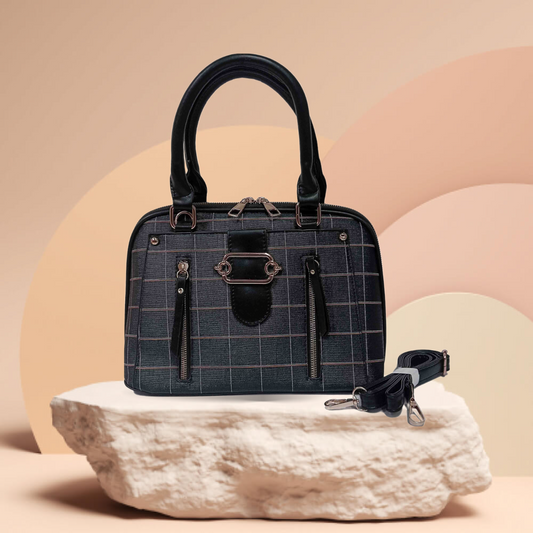 Chic Black Plaid Handbag with Dual Zipper and Detachable Strap